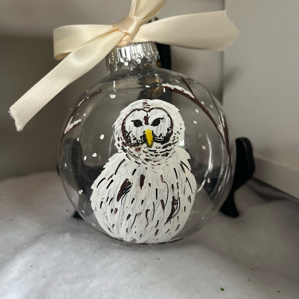 Charming Owl Glass Ornament with Cream Ribbon
